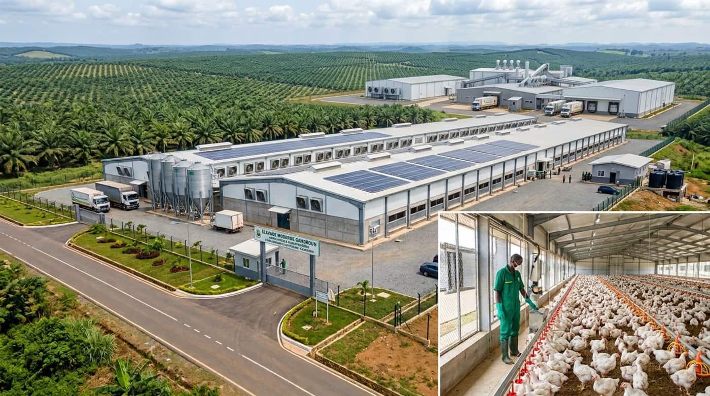 Complexe agricole moderne intégré à son terroir — unité d'élevage solaire, silos, poulailler en exploitation et usine agro-industrielle